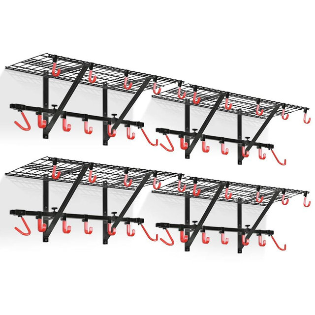 PLKOW Garage Wall Shelving 4-Pack Includes Bike Hooks, Sturdy Adjustable Garage Shelving Wall Mount Garage Wall Organizer (Black, 4-Pack)