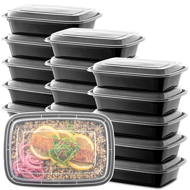 15-Pack Meal Prep Plastic Microwavable Food Containers with Tight Safety Lid Covers (28 oz.) - Black Rectangular Reusable Storage Lunch Boxes - BPA-Free Food Grade - Freezer & Dishwasher Safe