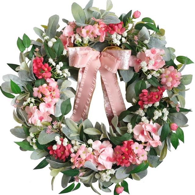 22” Artificial Flower Wreath,Hydrangea Lamb's Leaves Wreath Spring/Summer Floral Wreaths with Ribbon Bow for Front Door Wall Window and Holiday Festival Party Banquet Wedding Decor