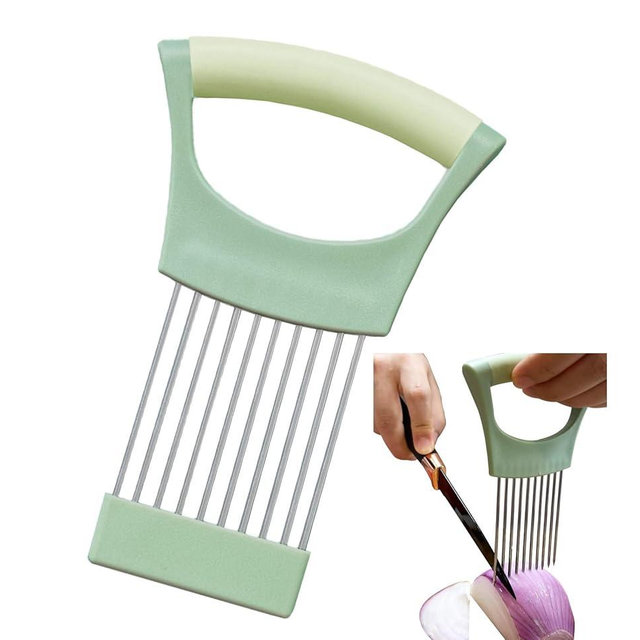 Onion Holder for Slicing Onion Slice Holder Kitchen Chopper Assistant Tool,Vegetable Cutter with Protective Cover for Tomato,Lemon,Potato,Egg,Food Slice Assistant,Home Kitchen Tool (Light Green)