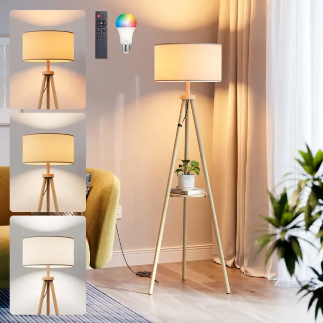 Floor Lamp with Shelf Tripod Standing Lamp with LED Bulb Remote and App Control Modern E26 Boho Copper Lamp for Bedroom Living Room Office