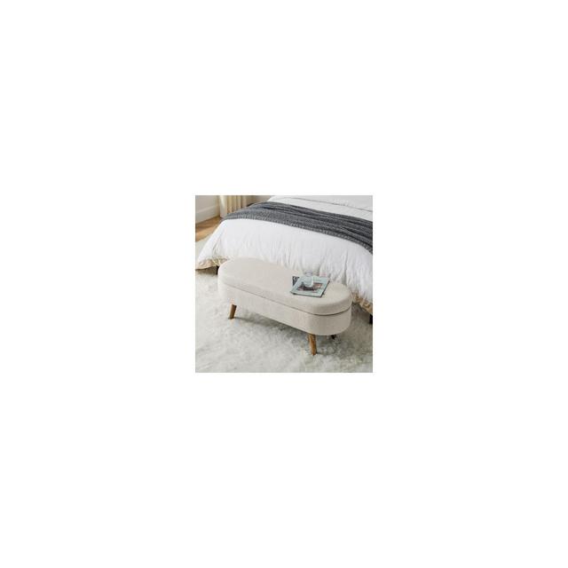 Oval Linen Storage Bench, Rubber Wood Legs, For Entryway Living Room Bedroom End Of Bed, Grey 3.6Feet