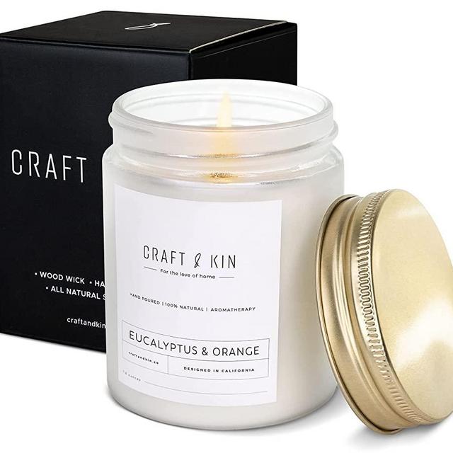 Eucalyptus & Orange Candles | Wood Wicked Candles | Sea Salt Beach Candle | All Natural Soy Candles Scented | 8 oz 45 Hour Long Lasting Candles, Relaxing Aromatherapy Candles in Jar