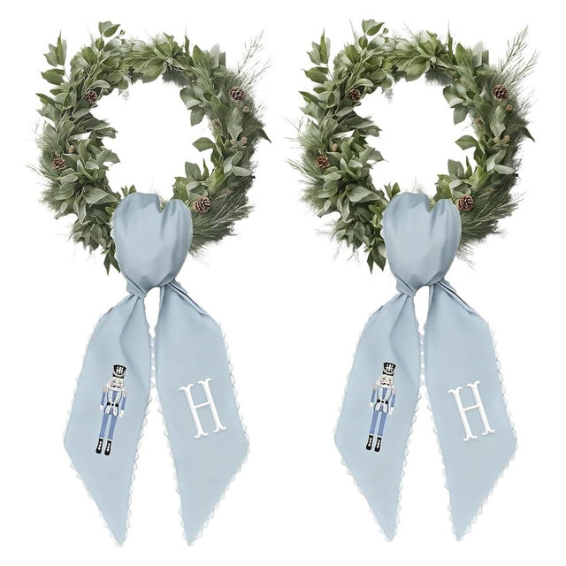 Front Door Wreath Belt Personalized Nutcracker and Letter Christmas Wreath Ribbon Embroidered Letter Holiday Bow for Halloween, Christmas, Family Weddings, and Parties (H)