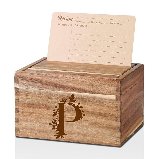 InnoBeta Personalized Gifts Recipe Box, Personalized Initial Recipe Card Holder Box with 50 4 x 6 inch Recipe Cards, 10 Dividers, Initial Recipe Organize - P