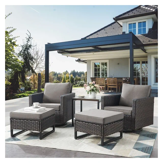 POCASSY Patio Wicker Rattan Swivel Rocking Glider Chair Set of 2 with Ottoman and Side Table, 5 Piece All Weather Brown Wicker Patio Furniture Set