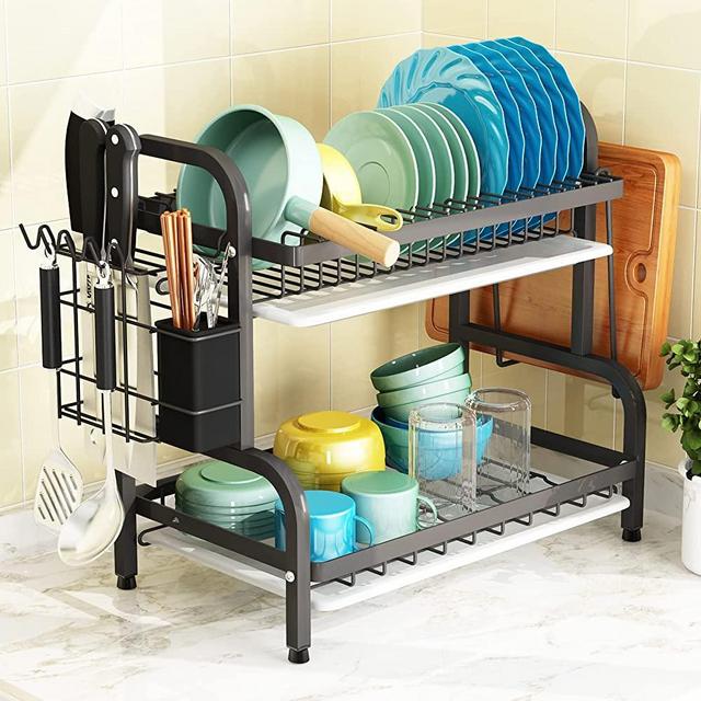 Dish Drying Rack, 1Easylife 2-Tier Compact Kitchen Dish Rack Drainboard Set, Large Rust-Proof Dish Drainer with Utensil Holder, Cutting Board Holder for Kitchen Counter Tableware Organizer Space Saver