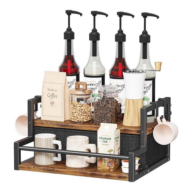 Coffee Syrup Organizer Rack, 2-Tier Bottle Holder Stand with K Cup Storage Drawer for Coffee bar, Wine Rack, Storage Shelves for Syrup.