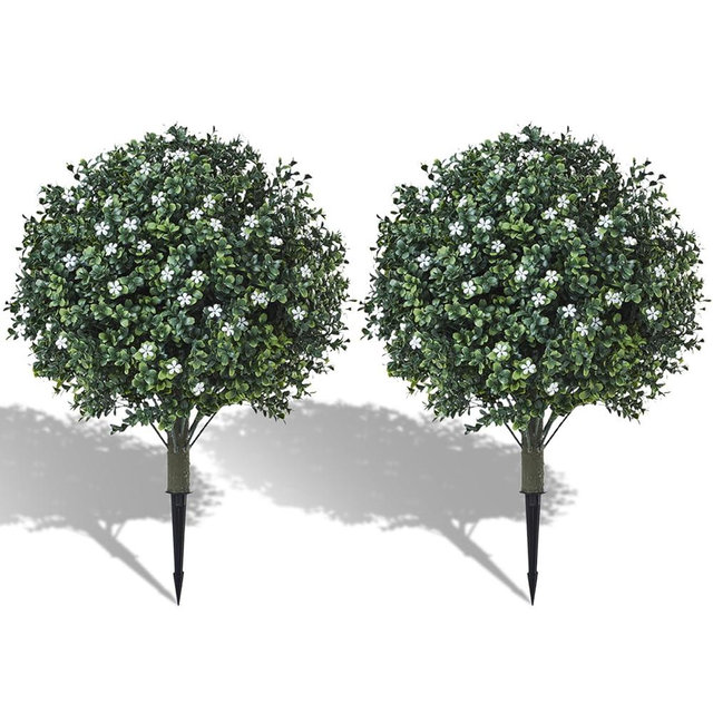 24" Artificial Boxwood Topiary Ball Bush with White Flowers, Set of 2 Artificial Shrub Bushes with Spike, Fake Evergreen Tree for Porch, Artificial Plants for Outdoor Planters Indoor UV Resistant