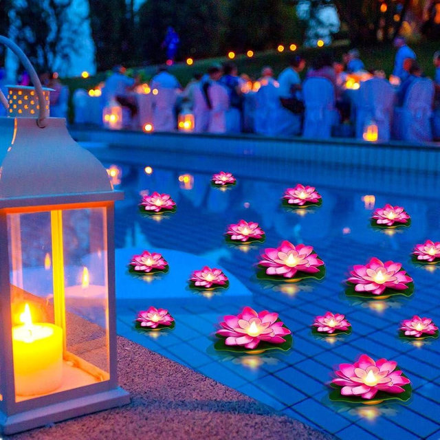 Liliful 24 Pcs Pool Floating Lights, Artificial Flowers Lifelike Lotus with LED, Battery Operated Lily Pads Water Lantern for Decor(3.94 Inch, 5.91 Inch,Pink)