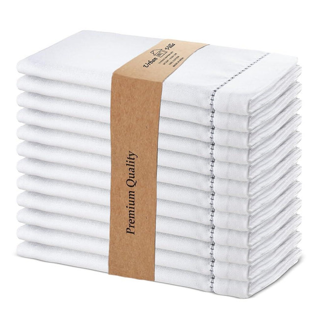Urban Villa Cloth Napkin Set of 12 Hemstitch White Grey 20x20 Inches Premium Soft Cotton Highly Absorbent Reusable & Washable Dinner Table Napkins for Home and Weddings