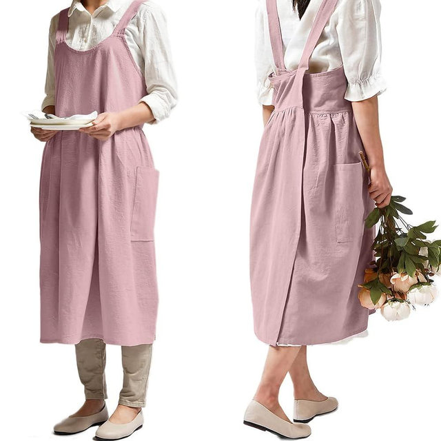 NEWGEM Cotton Linen Cross Back Apron for Women with Pockets Cute Japanese Korean Style Pinafore Dress Pink