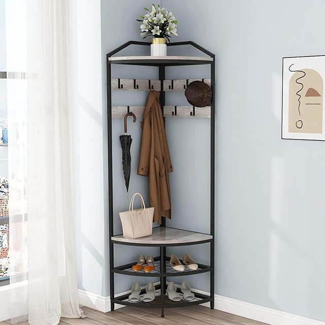 GiftGo Grey Corner Hall Tree with Shoe Bench Entryway Coat Rack with 10 Metal Movable Hooks Rustic Farmhouse Freestanding Clothes Rack Shoes Shelf Organizer for Home Office Bedroom (Greige)