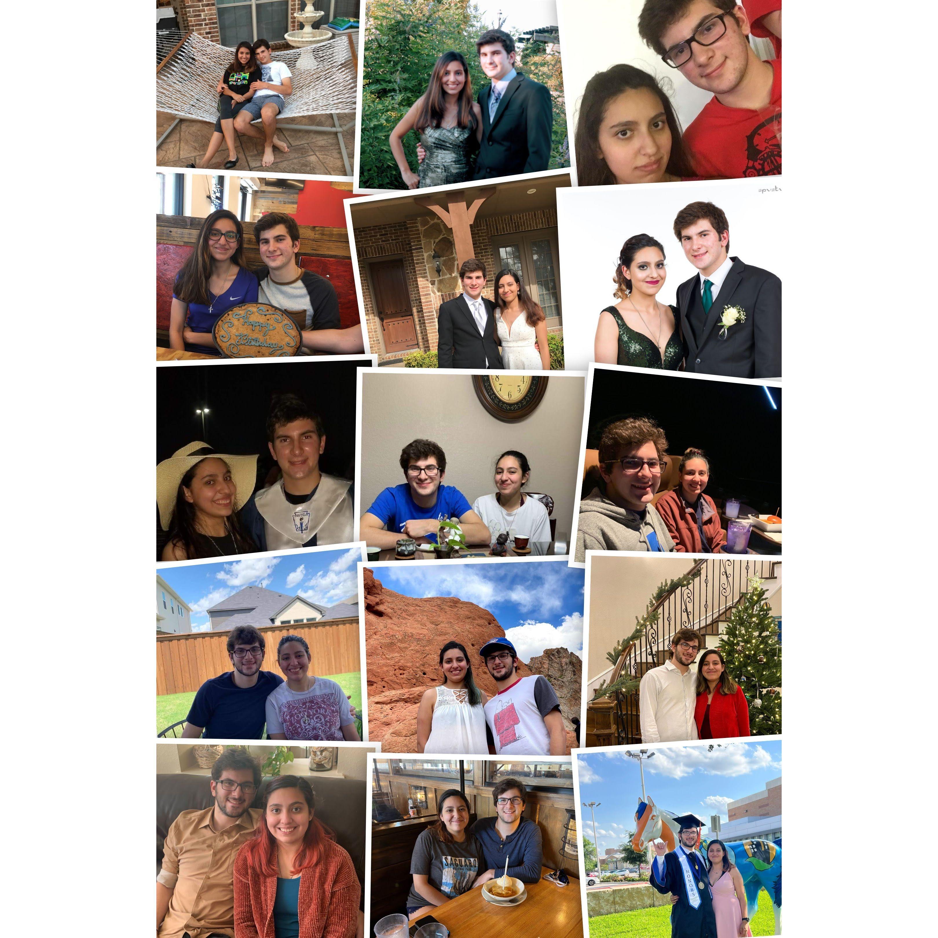 The day we met in person;celebrating Maria's birthday w/a cookie cake;Matt's hs graduation;our first homecoming; 2nd homecoming;Us on a hike in Santa Fe;Matt bday; Us at a robotics comp.
Top-down L-R