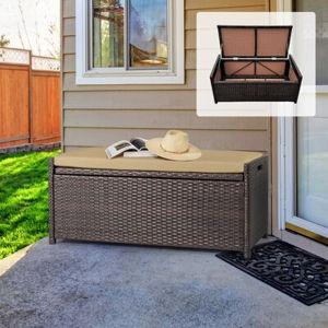 Outdoor Wicker Storage Bench Deck Box with Seat (Brown)