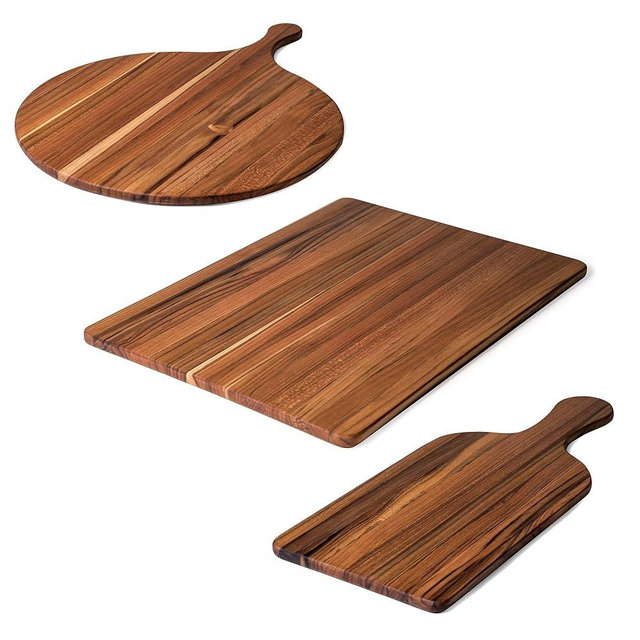 Teakhaus Teakwood Serving Boards Set of 3 - Includes a Regular Board, Round Serving Board and Paddle Cutting Board - Reversible, Edge Grain, Knife Friendly - FSC Certified