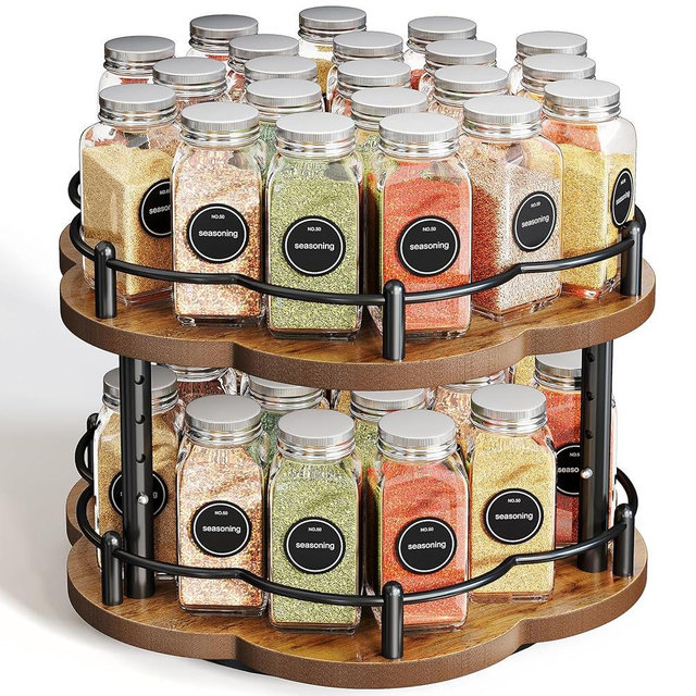 Lazy Susan Spice Rack Organizer - 2 Tier Wood Turntable for Countertop Cabinet Pantry Kitchen Storage 10 Inch