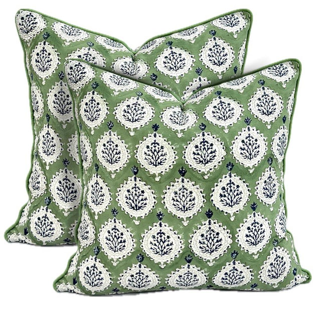 ATOSII Block Print Throw Pillow Covers, 20 X 20 - Set of 2, Decorative Couch Pillows for Living Room Bed Sofa, 100% Cotton Canvas Pillow Case for Home Decor & Outdoors, Preppy Throws - Kari Green