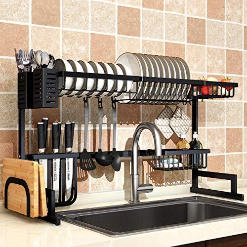 Over Sink(33") Dish Drying Rack, 2 Cutlery Holders Drainer Shelf for Kitchen Supplies Storage Counter Organizer Stainless Steel Display- Kitchen Space Save Must Have (Sink size≤33 1/2 inch, black)