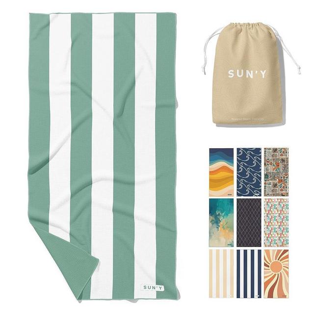 SUN'Y Waffle Microfiber Beach Towel – Sand Free, Quick Dry, Ultra Absorbent, Lightweight & Compact Travel Towel with Carry Bag - Large (63” x 31.5”), Sea Green