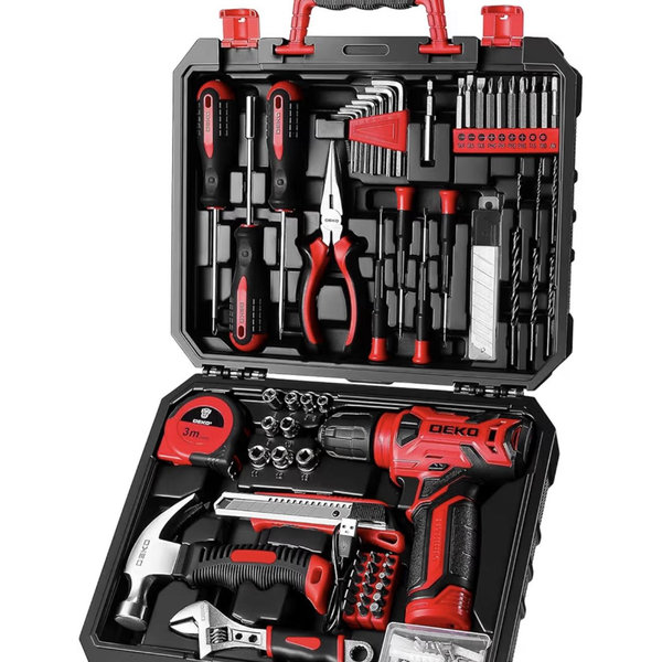DEKOPRO Drill Set: Tool Set with 8V Red Cordless Drill, Home Tool Kit with Drill, Hand Tool Kits for Women 126 Piece