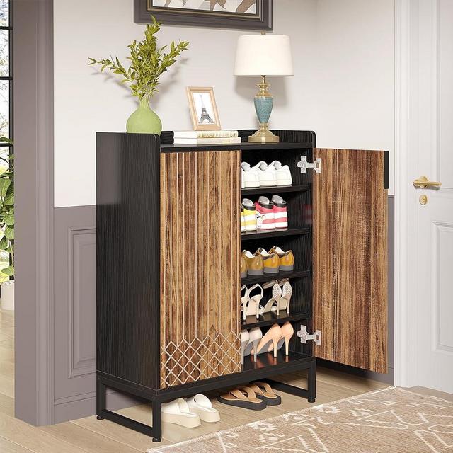 Tribesigns Shoe Cabinet with Doors, 5 Tiers Shoe Storage Cabinet for Entryway, 20 Pairs Wooden Shoe Cabinets, Modern Shoe Organizer Storage for Living Room, Bedroom, Hallway, Closet, Black and Brown