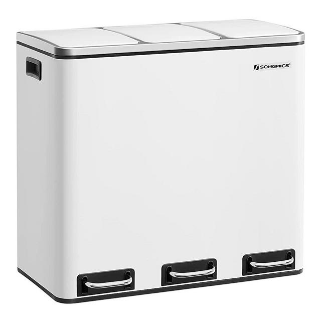 SONGMICS Trash Can, 3 x 4.8 Gallon Garbage Can, 14.4 Gallon Recycle Bin with Soft-Close Lids, Pedals, and Inner Buckets for Kitchen, Stainless Steel, White ULTB154W01
