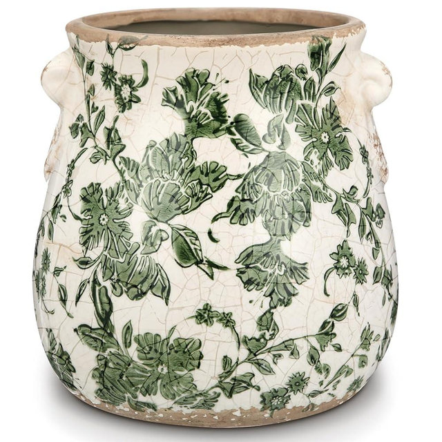 Ninehaoou Ceramic Green Scroll Planter 6.5 Inch Chinoiserie Floral Vase with Drainage Holes Vintage Flower Vase Flower Pot Rustic Ceramic Pots for Indoor Plants Flowers Garden Home Bookshelf Decor
