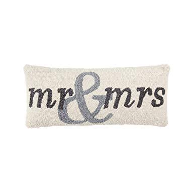 Mud Pie Mrs Wedding Hook Wool Accent Lumbar Pillow Decorative Pillow, White, Grey