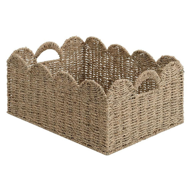 StorageWorks Extra Large Scalloped Seagrass Baskets, Hand-woven Rattan Baskets with Built-in Handles, Wicker Basket for Organizing and Decor, 1 Pack