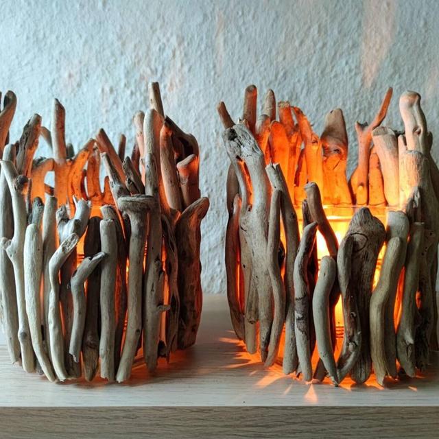Set of 2 Bonfire Driftwood Candleholders for Tabletop Decoration/ Driftwood Coastal Candleholders from Greece/ Driftwood Candles Decor