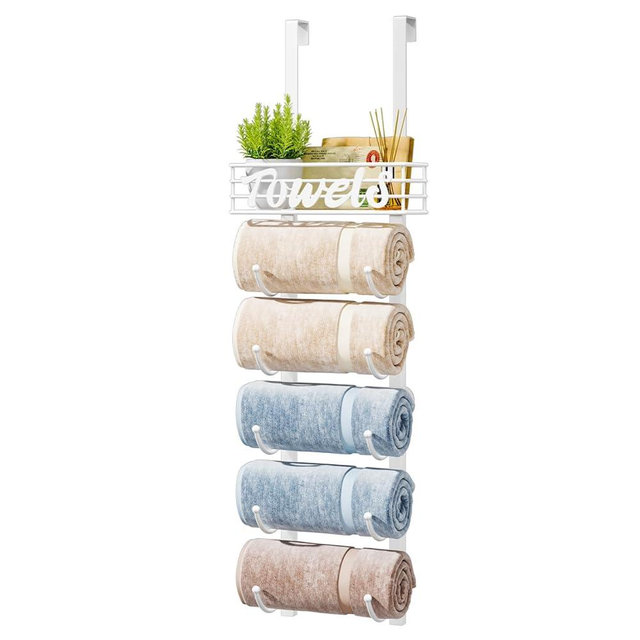 HapiRm Bathroom Towel Rack Holder - 6-Tier Over The Door & Wall Mount Rolled Towel Storage Organizer with Metal Shelf Basket for Small Bathroom, Camper, Rv - White, Patented