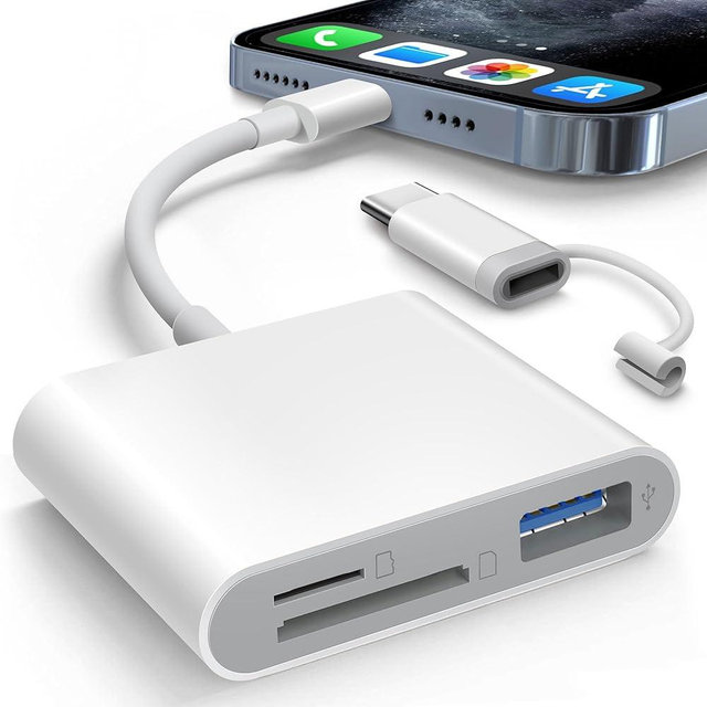 AkHolz SD Card Reader for iPhone iPad Built-in Dual Connector Card Adapter with SD MicroSD USB-A 3 Slots Trail Camera Memory Card Viewer, Portable No App Required Plug and Play
