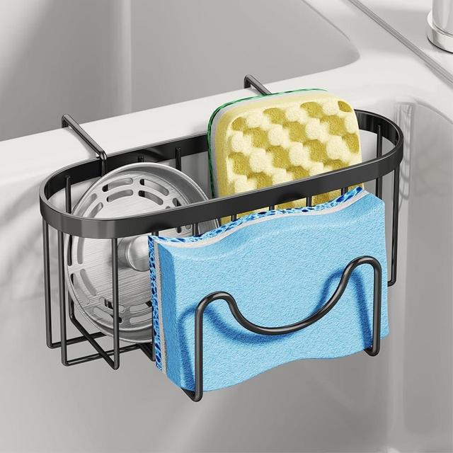 SWTYMIKI Sponge Holder for Kitchen Sink - Movable Kitchen Sink Caddy with M Shape Hook, Stainless Steel Hanging Sponge Caddy for Dish Sponge, Brush, Sink Stopper Organizer in Double Bowl Sink, Black