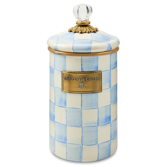 MACKENZIE-CHILDS Enamel Canister, Kitchen Storage Container with Lid, Large, 64-Ounce Capacity, Light-Blue-and-White Sky Check
