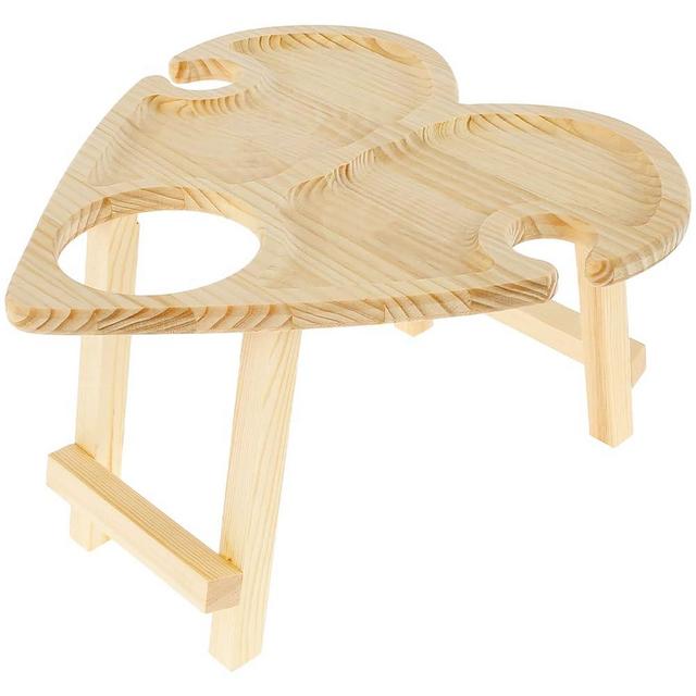 Portable Wine Picnic Table, Foldable Wine Picnic Table, Collapsible Heart Shape Mini Folding Table Wooden Wine Rack, with Glass Holder Snack Table Tray for Camping Outdoor Beach Wine Lover Gift