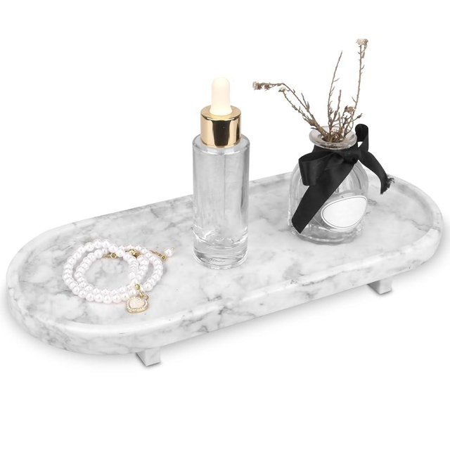 HESHIBI Marble Oval Bathroom Vanity Tray with Leg,Natural Stone Small Decorative Tray,Soap Dispenser Dresser Top Perfume Home Kitchen Toilet Tray for Soap Bottles, Key Trinket Ring Tray (White Grey)