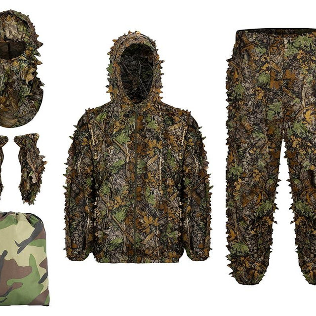 Ginsco Ghillie Suit Full Face Mask Gloves Set, Ghillie Suit for Men, 3D Leafy Camo Suit for Outdoor Hunting Photography