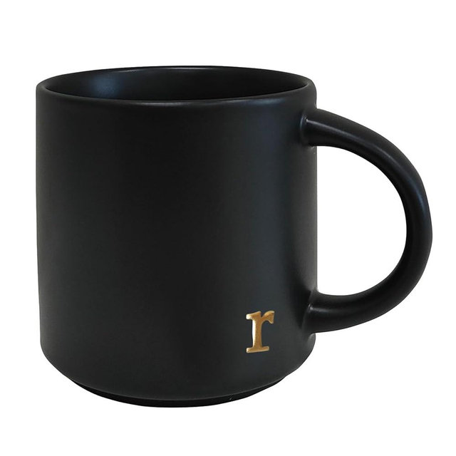 COLLECTIVE HOME - Black Monogram Ceramic Mugs, 15 oz Golden Initial Coffee Cups, Elegant Alphabet Tea Mugs, Personalized Halloween Mug with Gift Box, Perfect for Office and Home Décor (r)
