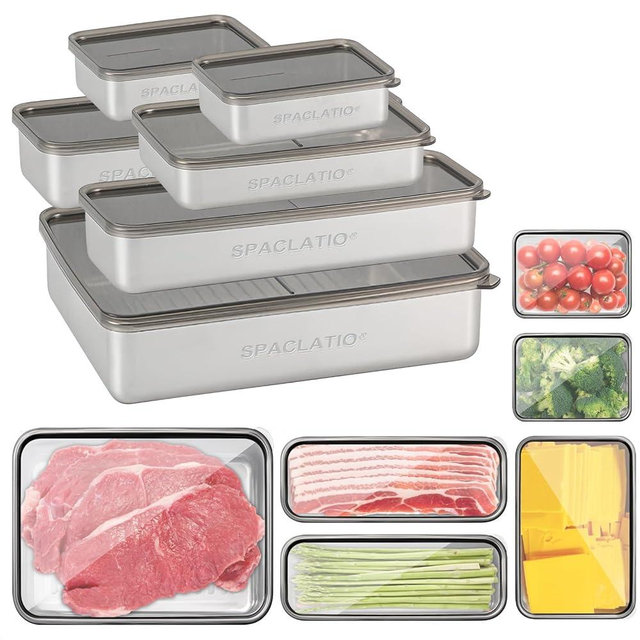 6 Pack Bacon Cheese Container for Refrigerator, 304 Stainless Steel Airtight Deli Meat Storage Containers with Lids for Fridge, Dishwasher Safe Food Organizers for Fridge 4 Size Container Sets