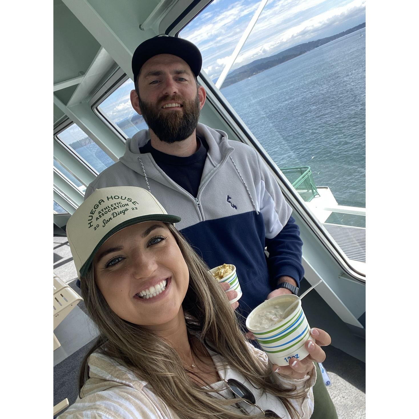 On the ferry to Friday Harbor! Ivan's clam chowder in hand iykyk