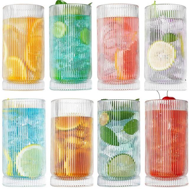 wookgreat Drinking Glasses, Origami Style 8 pcs Glass Cups, 15oz Highball Glasses, Elegant Ripple Vintage Glassware, Ribbed Glasses, Striped Glasses, Iced Coffee Glasses for Cocktail, Whiskey, Juice