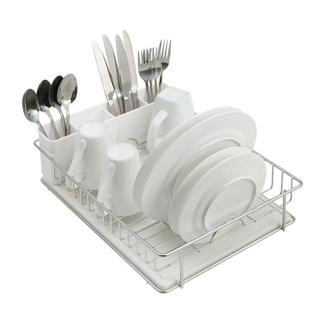 SunnyPoint 304 Stainless Steel Dish Drying Rack with Diatomaceous Earth Drainboard & Removable Utensil Caddy – Rust Resistant Countertop Dish Rack for Kitchen (Silvery-Grey)