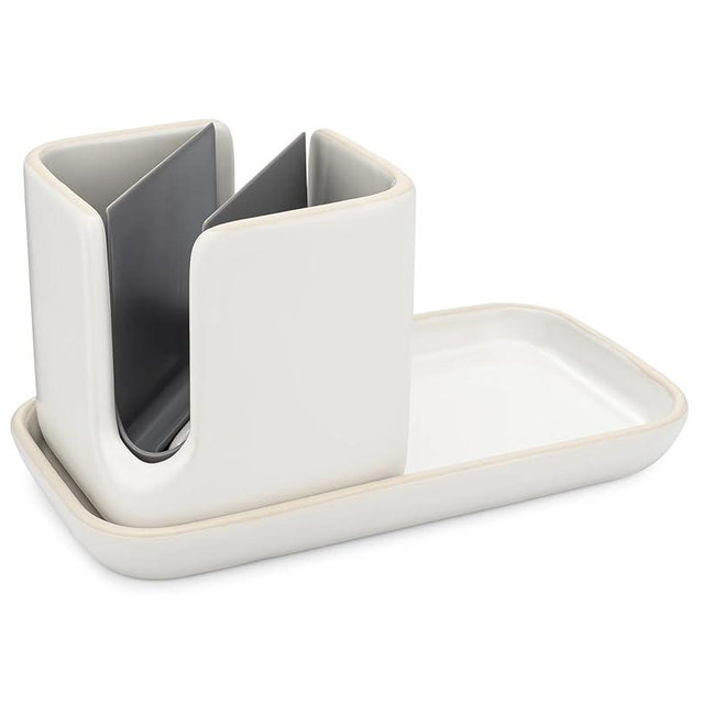 Full Circle Home Stash Ceramic Sink Caddy and Organizer, White/Gray