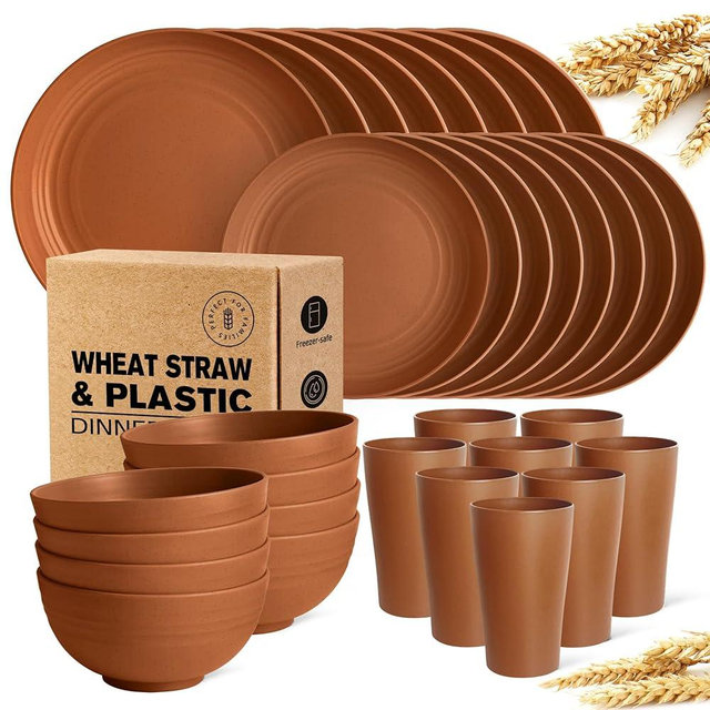 Teivio 32-Piece Kitchen Plastic Wheat Straw Dinnerware Set, Service for 8, Dinner Plates, Dessert Plate, Cereal Bowls, Cups, Unbreakable Plastic Outdoor Camping Dishes Decor, Saddle Brown