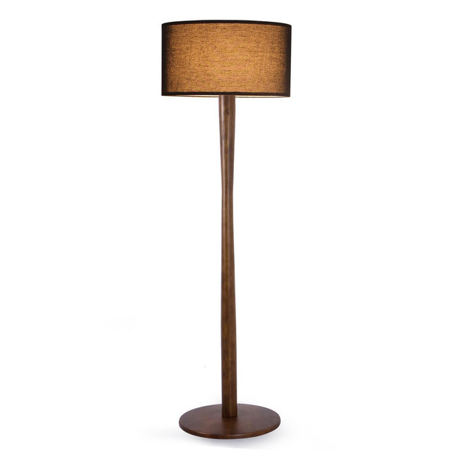61" Modern Walnut Wood Column Floor Lamp with Black Linen Drum Shade for Living Room, Bedroom, Office, Study, Hallway & Entryway