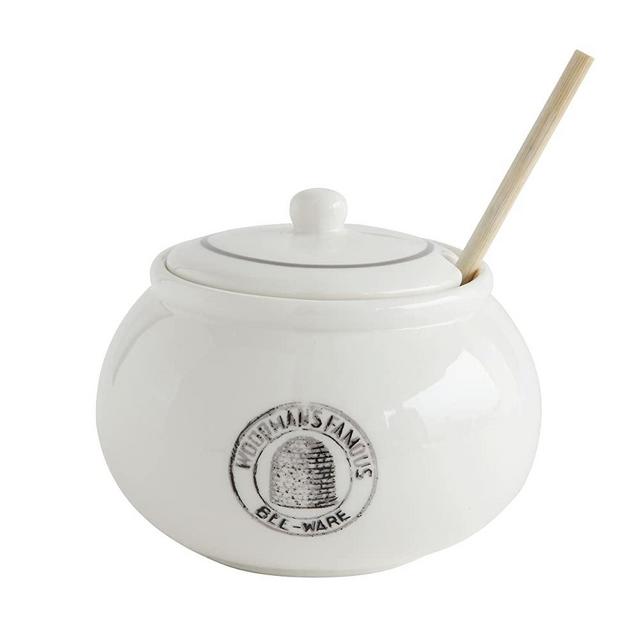 Creative Co-Op Honey Pot With Wood Dipper and Lid, White Stoneware