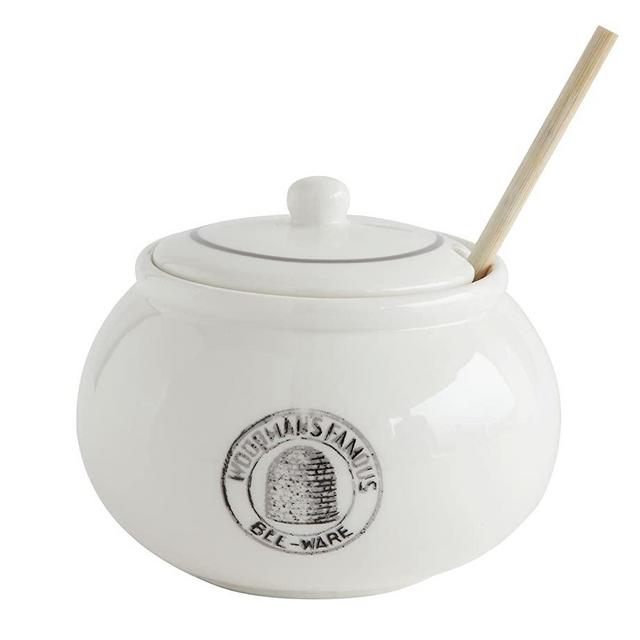 Creative Co-Op Honey Pot With Wood Dipper and Lid, White Stoneware