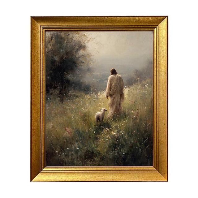 Vintage Gold Framed Canvas Wall Art Jesus Leaves The 99 Sheep Canvas Print Lost Sheep Bible Artwork Christian Landscape Painting Decor