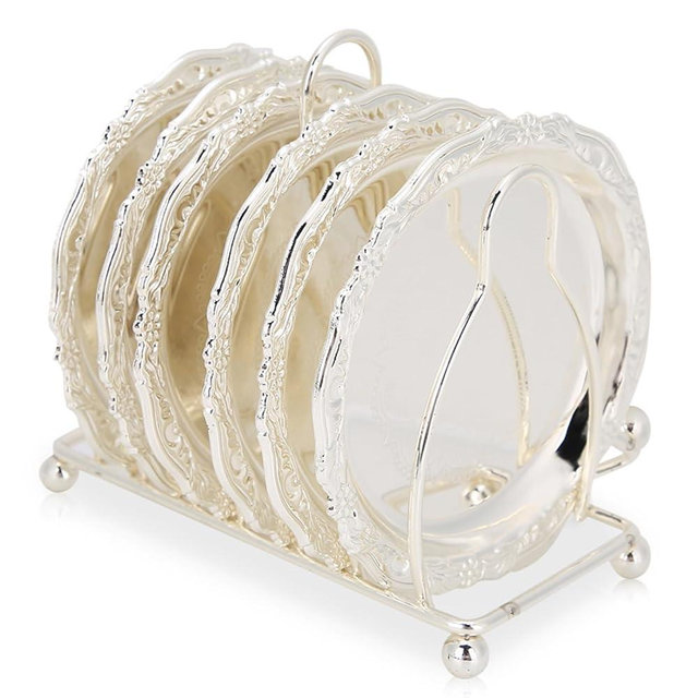 6 Piece Coasters with Holder, 4 Inch Rustic Gold Coaster Set Drink Coasters for Bar Kitchen Coffee Bar Coffee Table Decor(Silver)
